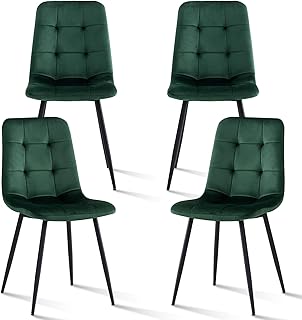 Velvet Dining Chairs Set of 4, Mid Century Modern Upholstered Fabric Kitchen Chairs with Metal Legs Adjustable Pads, Green