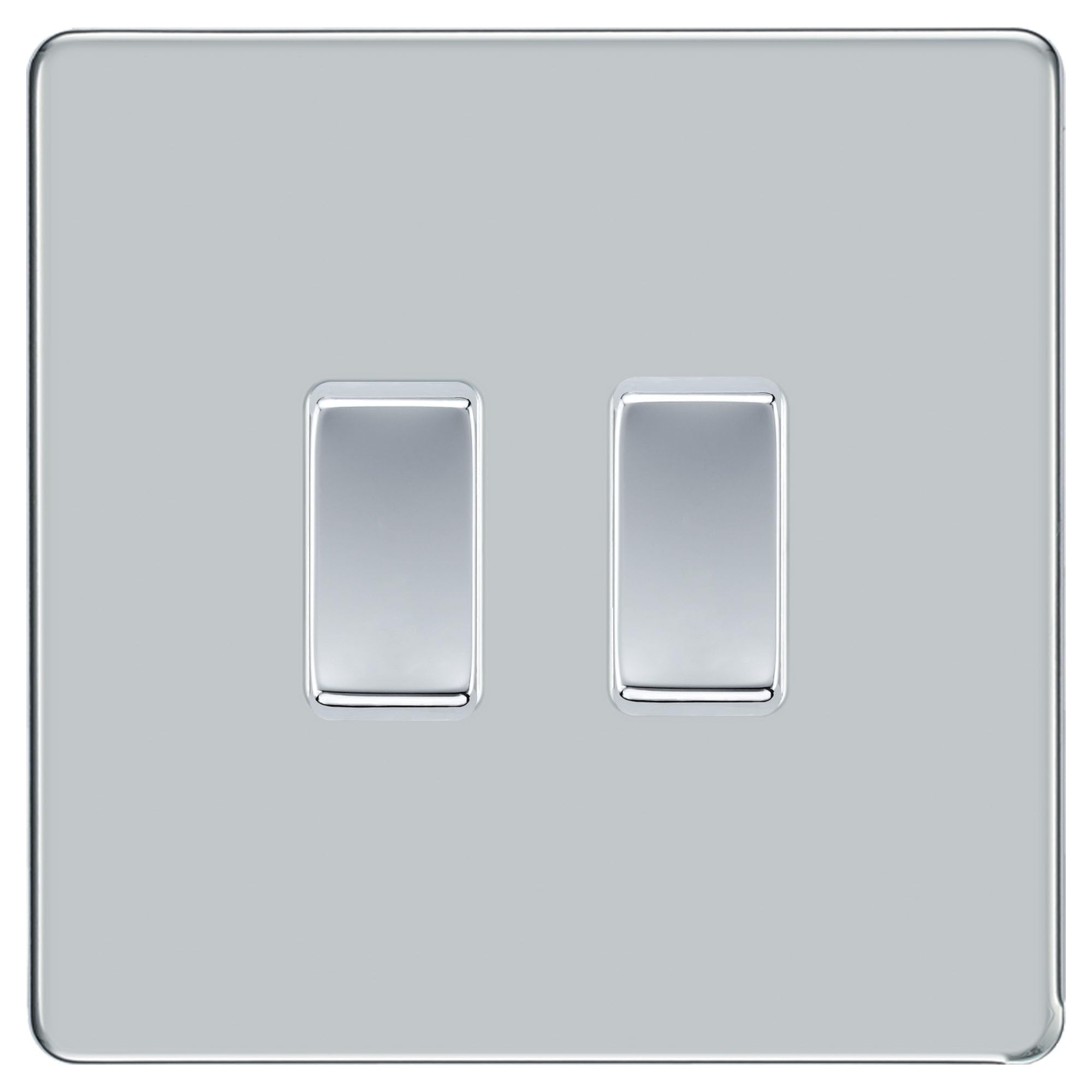BG Polished Chrome Screwless Flat Plate 2 Gang Light Switch 1x Intermediate 1x 2 Way Custom Switch