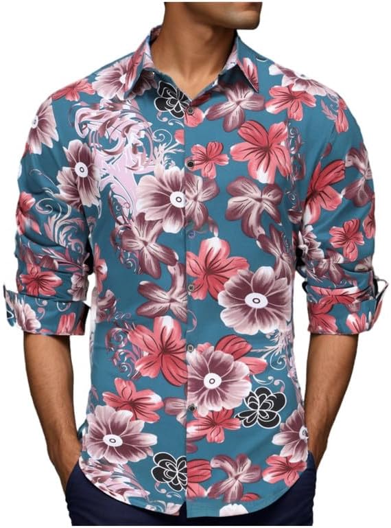 Vista 3 de Men's Hawaiian Shirt Floral Slim Fit Paisley Aloha Shirt Long Sleeve Casual Beach Tropical Button Down Shirts