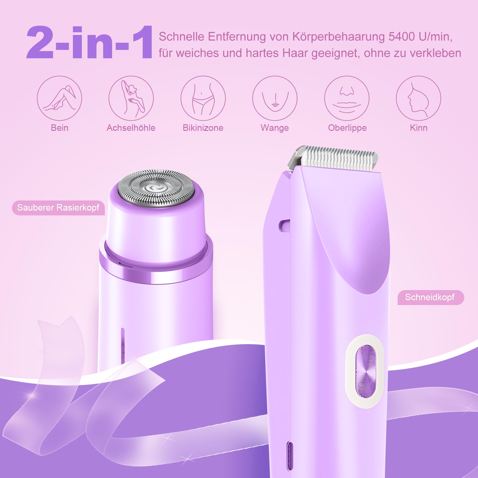 Rasoio da donna, 2 in 1, a doppia testa, con ricarica USB-C, rasoio elettrico da donna, per viso, gambe e braccia, bikini con testa di trimmer, facile da pulire (viola)