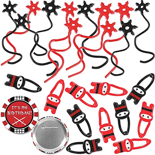 Ninja Party Favors Bundle 24 pcs Stretchy Flying Slingshot Ninja Toys Ninjago Party Favors Ninja Pinatas Red and Black Ninja Birthday Favor Supplies plus Special Pin for Birthday Child