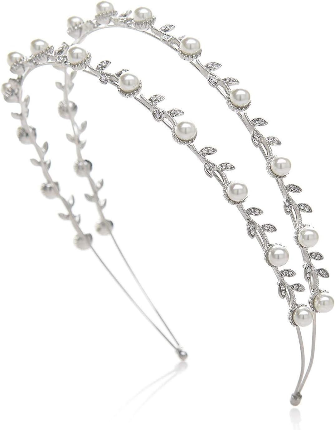Silver-Double Band Pearl Headband Crystal Tiara Hair Accessories