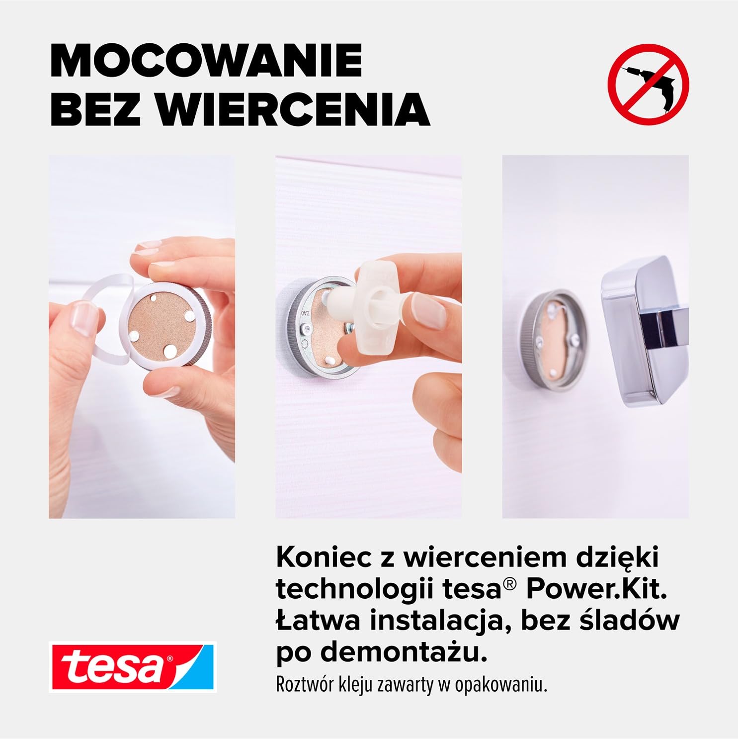 tesa ELEGAANT Uchwyt na suszarkę chromowany, szlachetny design, metal, w zestawie z rozpuszczalnikiem klejącym, mocny uchwyt, 128 mm x 86 mm x 50 mm