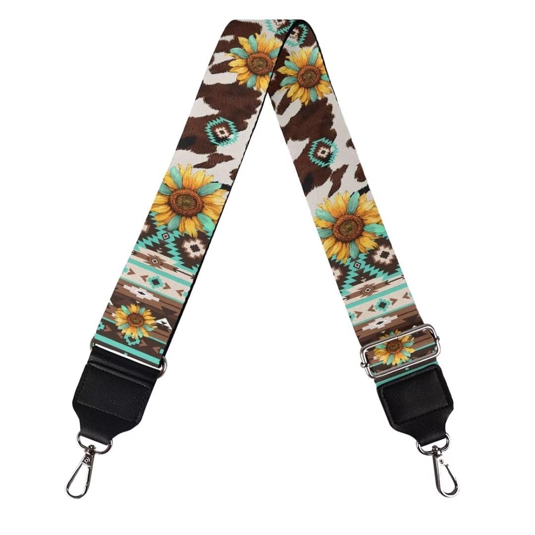 Coldinair Brown Cow Luggage Strap Replacement Farmhouse Aztec Bag Strap Sunflower Guitar Strap for Purses Crossbody,Easy to Install Purse Making Supplies
