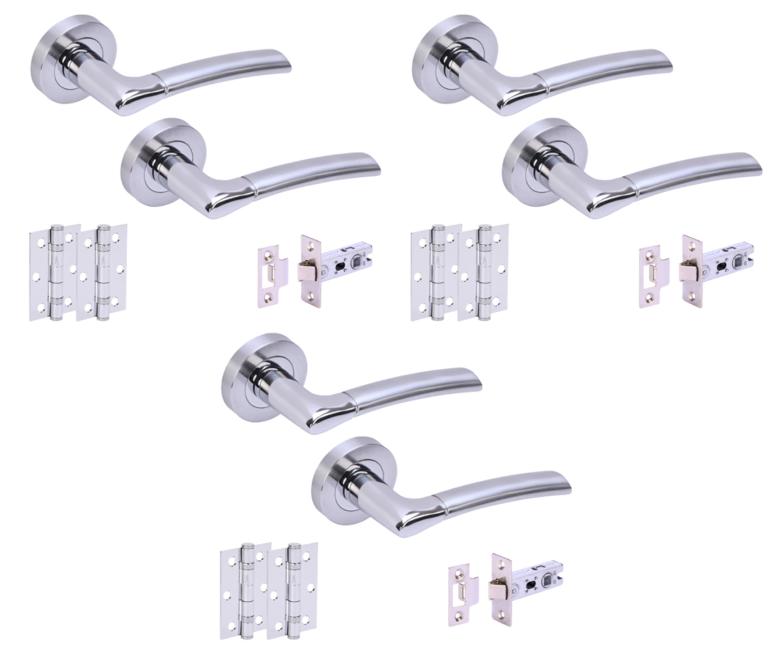 Hunta Polished Chrome / Satin Chrome Handlezone® 3 Sets Columba Premium Internal Door Handles On Rose Lever Latch Packs With 75Mm Ball Bearing Hinges And 65Mm Latches - Dual Polished/Satin Chrome