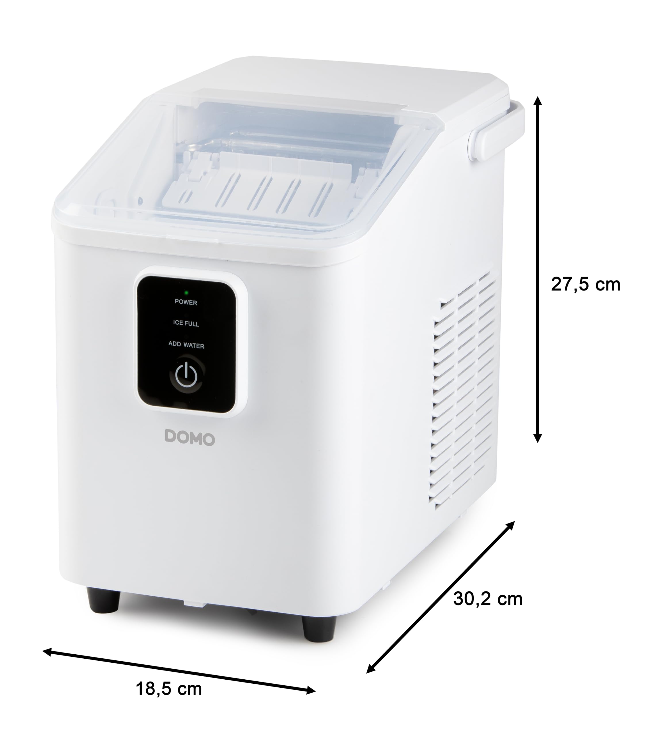 DOMO DO9292IB - Máquina para hacer cubitos de hielo con pala de hielo – 0,8 l – 9 cubitos de hielo en 8 minutos – 12 kg en 24 horas – Pequeña máquina de hielo portátil con mango – Blanco