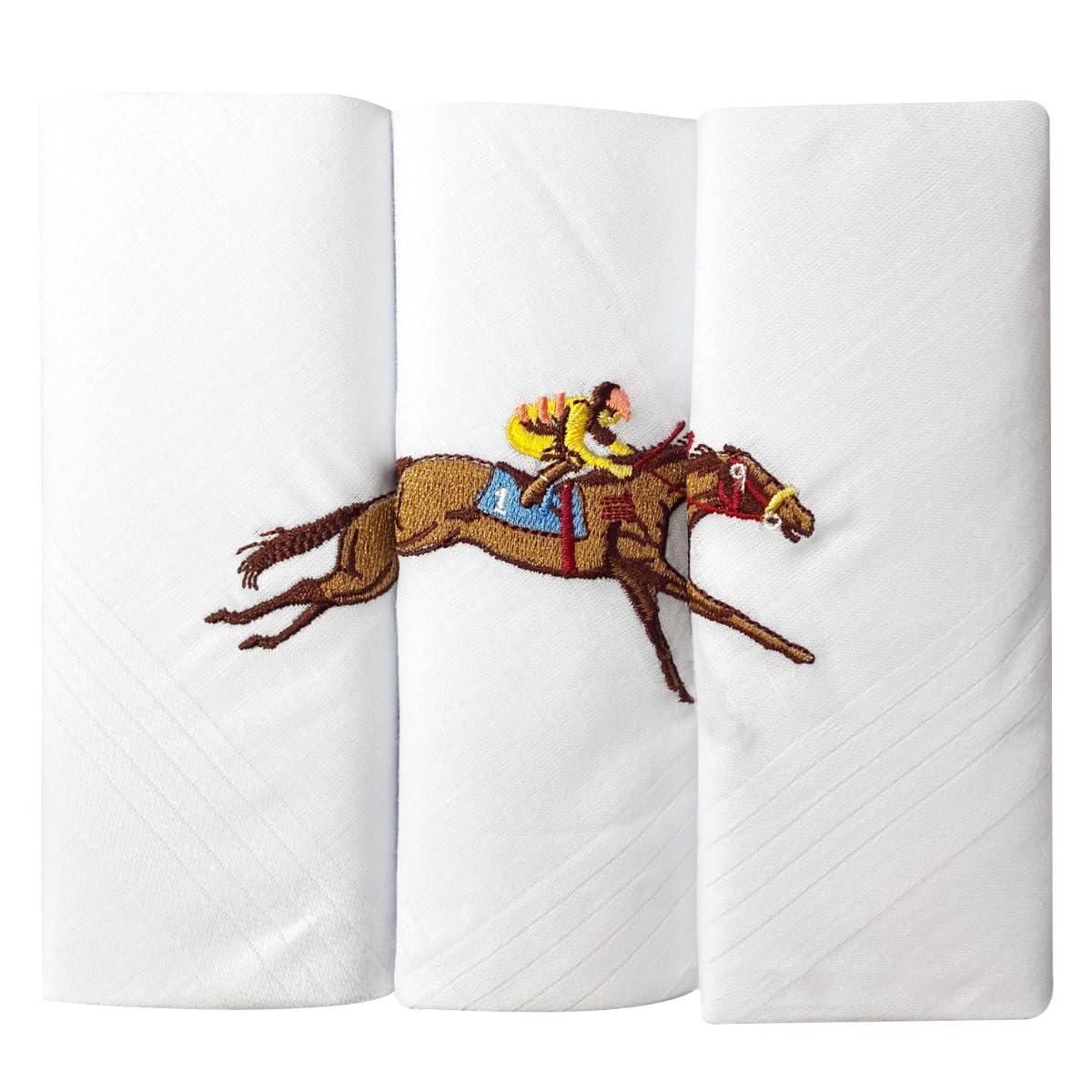 Warwick & Vance Men’s 100% Cotton Handkerchiefs Pack of 3, Horse Embroidered Hankies with Satin Stripe Borders, 40 x 40cm
