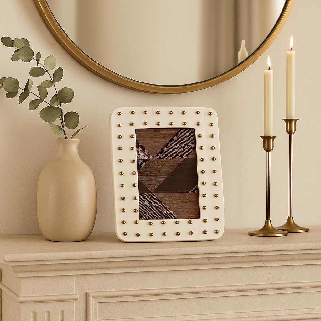 Decorative Studded Border Picture Frame for Home Decor - Modern Accent for Wall Decor or Tabletop Centerpiece - Chic Photo Frame for Bedroom, Hallway, or Dorm Decorations - 8", Ivory & Gold