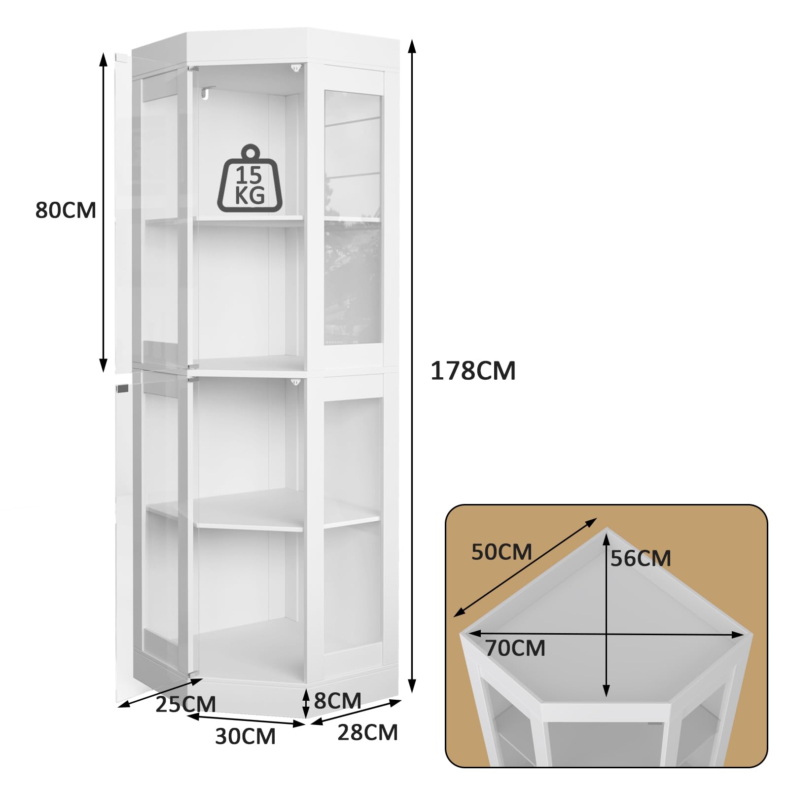 178 cm Eck-Glasvitrine mit LED-Beleuchtung, 4 Ablagen & Glastüren, Weiß