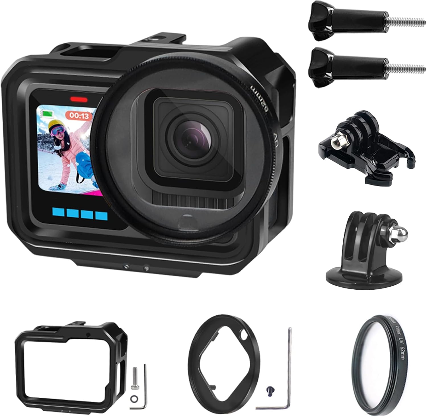 Aluminum Case for GoPro Hero 13/12/11/10/9 Black - Metal Cage Frame with UV Lens Filter, Dual Cold Shoe Mounts & Charging Door - Professional Protective Housing for Action Cameras