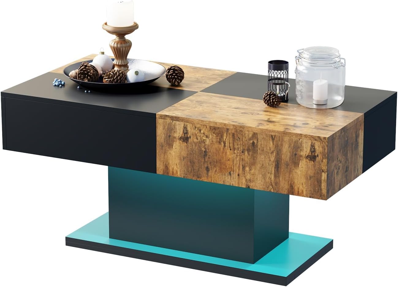 Black Led Coffee Table for Living Room, Living Room Table Rectangular Center Table, Modern Wooden Coffee Tables with 16 Colors LED Lights for Dining Reception Room