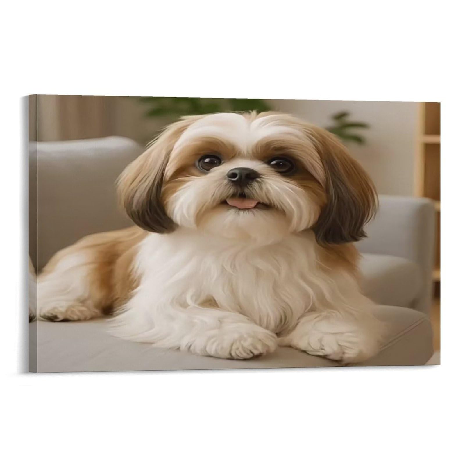 CPLVKWRQJ Shih Tzu Dog Sitting in Front of Autumn Landscape Fluffy Shih Tzu Resting on Indoor Sofa Canvas Wall Art - Housewarming Gift Bedroom Canvas Painting Ready to Hang Decor 20x30inch(50x75cm)