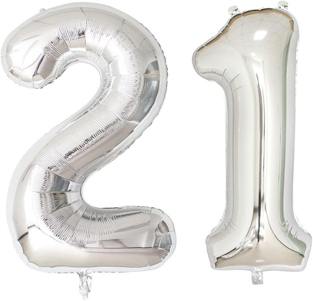 40inch Silver Foil 21 Helium Jumbo Digital Number Balloons, 21st Birthday Decoration for Girls or Boys, 21 Year Old Birthday Party Supplies (Number"21")