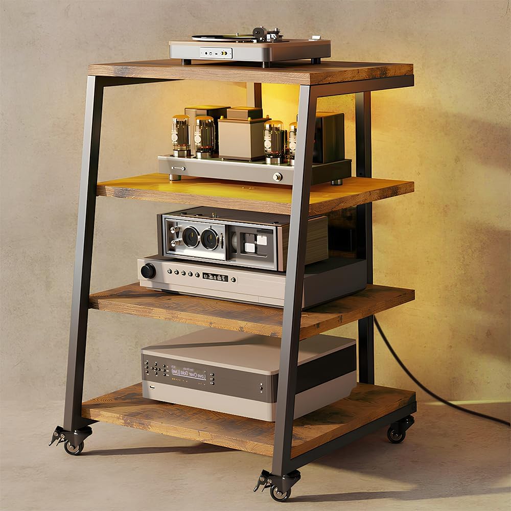 Mobile HiFi 4-level | Con prese multiple e ripiano regolabile | 4 ruote girevoli e 2 luci LED (app controllo) | 60x51x85cm Mobile Giradischi in legno e acciaio per impianto audio, impianto stereo