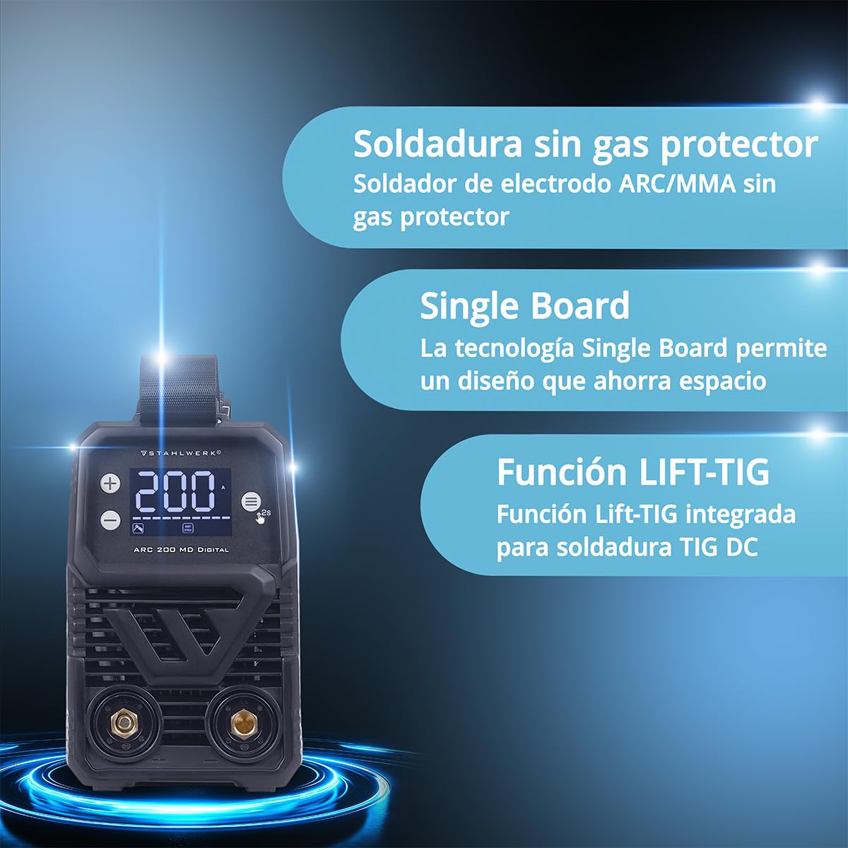 STAHLWERK Soldadora de electrodos ARC 200 MD Digital – Equipo completo con carro – Máquina de soldar MMA/Electrodo & Lift-TIG (DC) hasta 200 A, uso flexible sin gas, ARC-Force, Hotstart, Anti-Stick | MMA (E-Hand) & Lift-TIG (DC) hasta 200 A, flexible sin