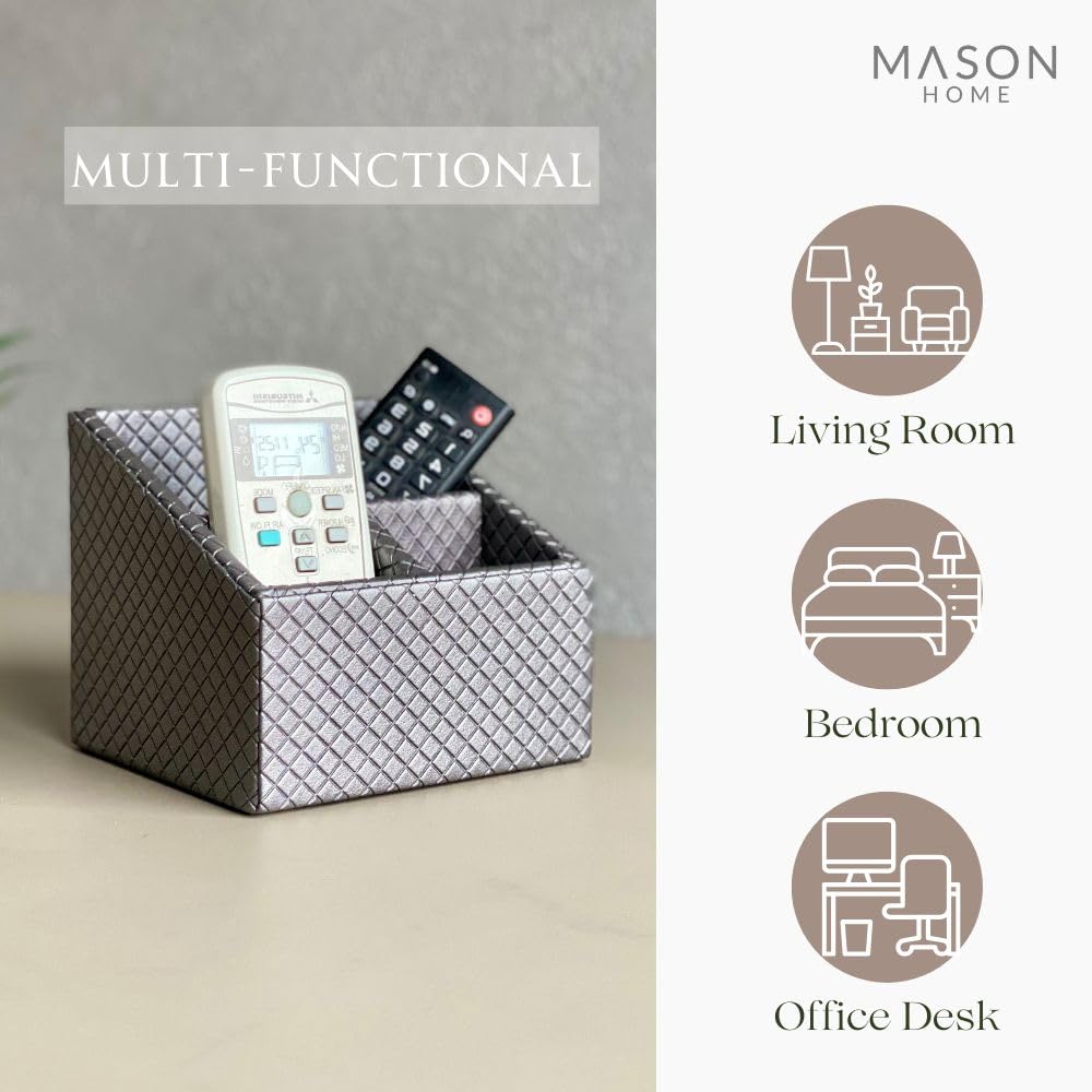 MASON HOME Vegan Leather & Mdf Braided Grey Remote Holder - 1pc - L 6.25" x B 5" x H 5" | Decorative Multifunctional Space Saving Organizer Stand | Rom - Table - Desk | AC TV Controller - Gadgets 4