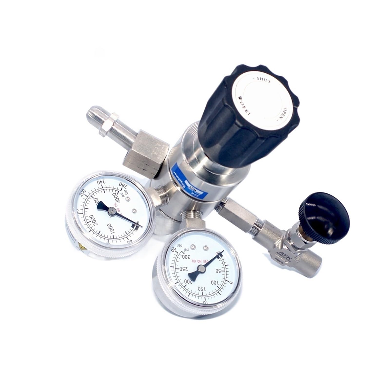 Regulator ciśnienia argonu, wysokociśnieniowy, ze stali nierdzewnej 316L, dwustopniowy, z dwoma manometrami, 6000 psi, z CGA540 i zaworem iglicowym 1/4"
