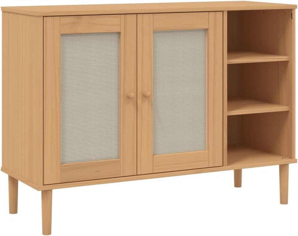Brown Sideboard with Rattan Look, Solid Pine and Engineered Wood, 5 Compartments for Ample Storage, Modern Buffet Cabinet for Dining Room Living Room Hallway