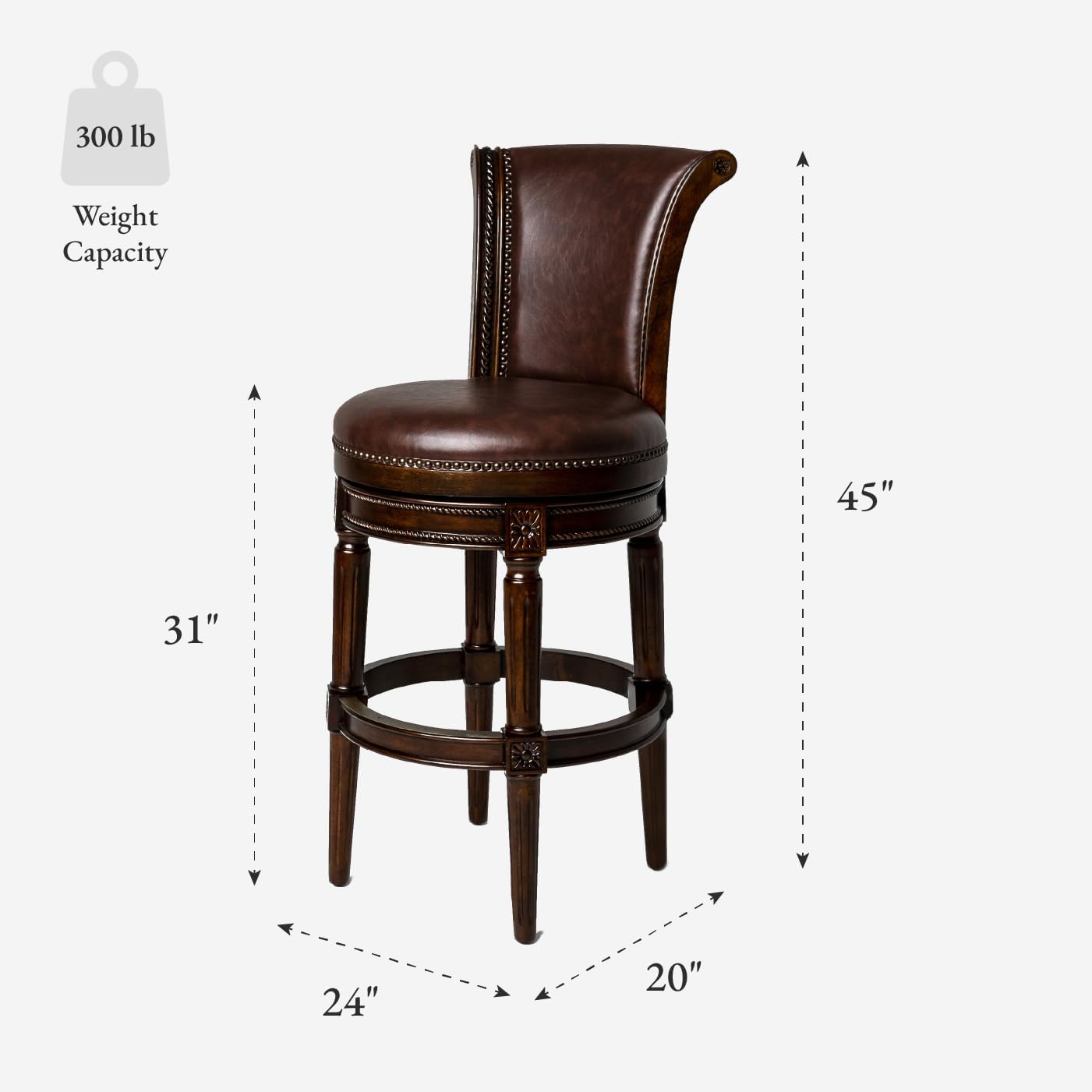 Maven Lane Pullman Bar Stool 31 Inches – Set of 4 – Swivel Stools with Footrest – Dark Brown Solid Wood Frame & Brown Faux Leather Upholstery – Perfect for Bars, Pub Tables & Tall Kitchen Counters