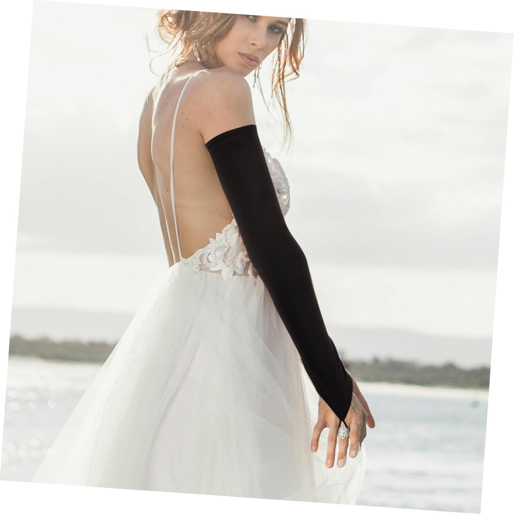 Healeved 5 Pezzi Guanti con gancio nuziale guanti a dita lunghe lunghi senza dita per le donne maniche gotiche eleganti neri per le donne spessi al gomito nylon Black