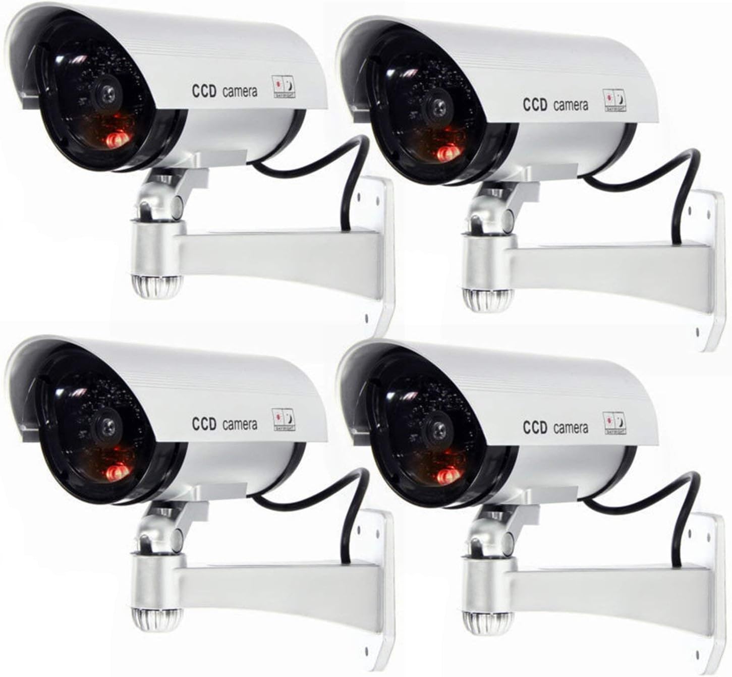 Tomvision Dummy Security Camera, Fake CCTV Surveillance System with Realistic Red Flashing Lights and Warning Sticker (4, Silver)