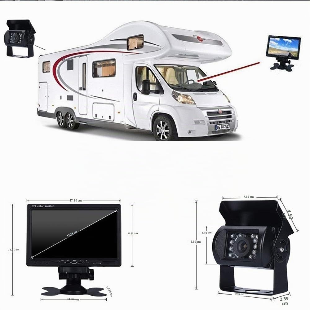 Sistema Telecamera Retromarcia 12V-24V Monitor 7" LCD HD Cavo video di 66ft | Telecamera retromarcia impermeabile IR per camion, furgoni, autobus, rimorchi, camper, installazione tramite accendisigari