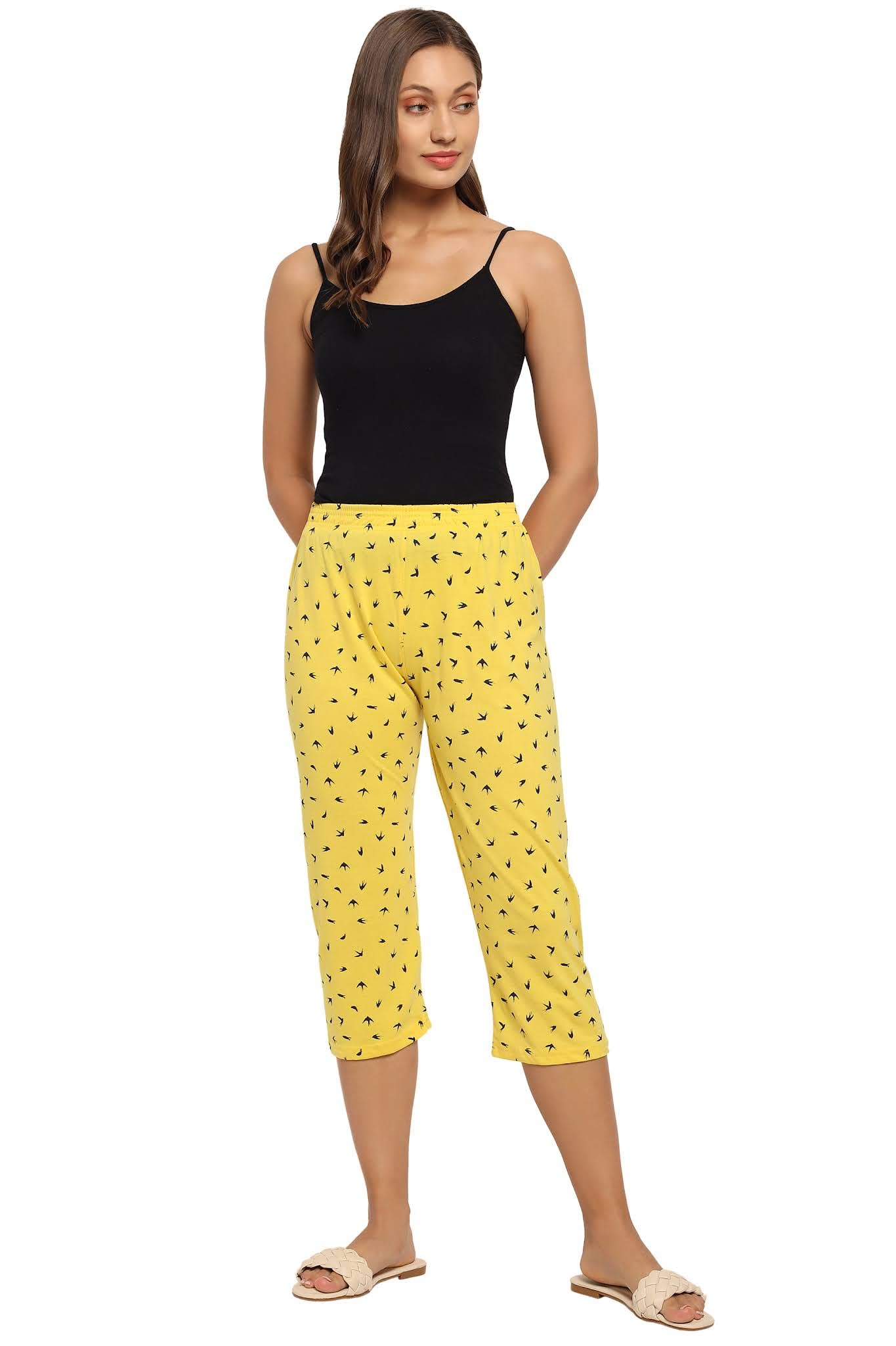 fflirtygo Capri for Women, Night Pyjamas for Women, Night Dress, Lounge Wear, Black Color Bird Printed On Yellow Color 3/4 Pyjama-picture-21