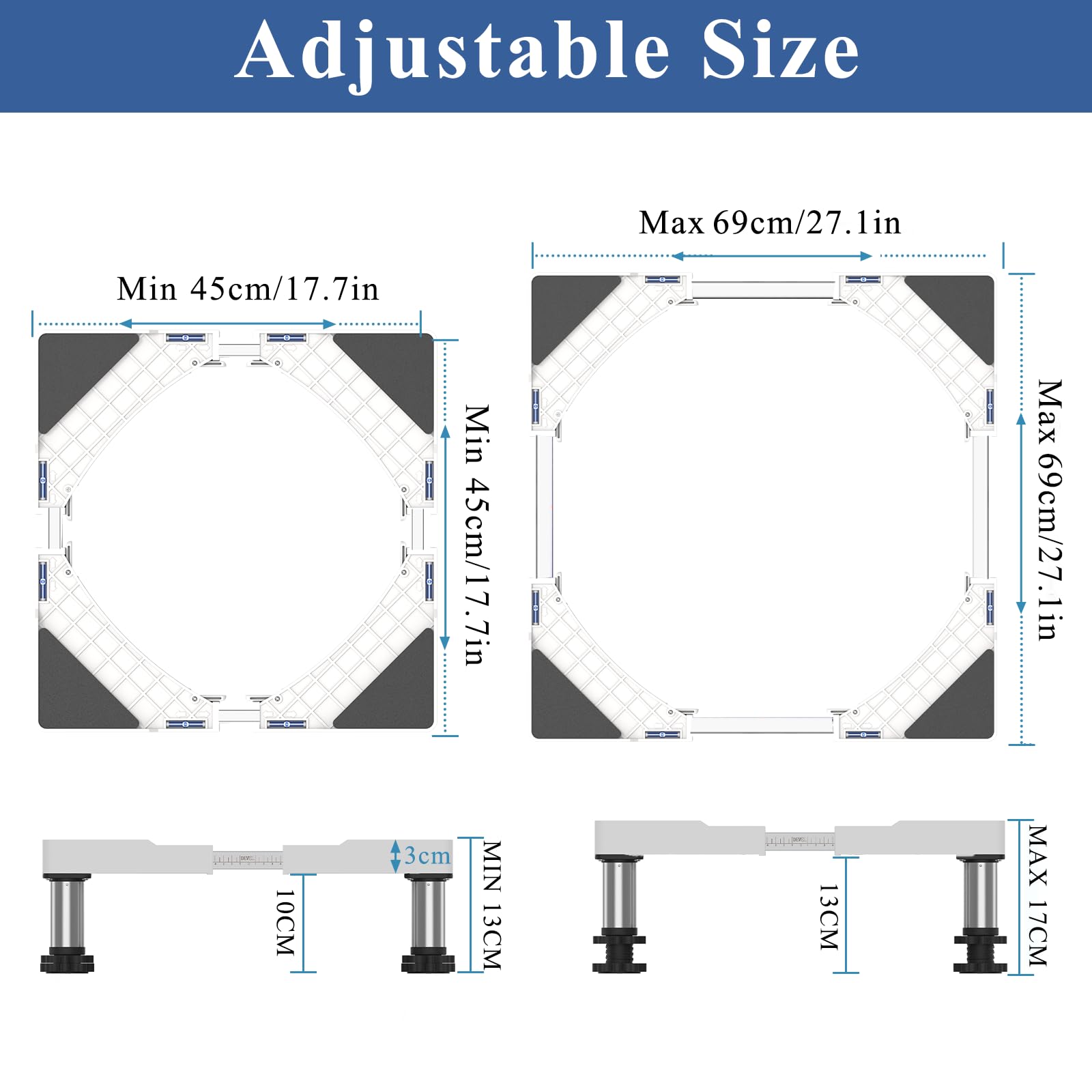 DEWEL Base Lavadora Soporte Lavadora Secadora para frigorífico, Ajustable con 4 pies de altura 13-16 cm, soporte para secadora universal, carga máxima 500 kg