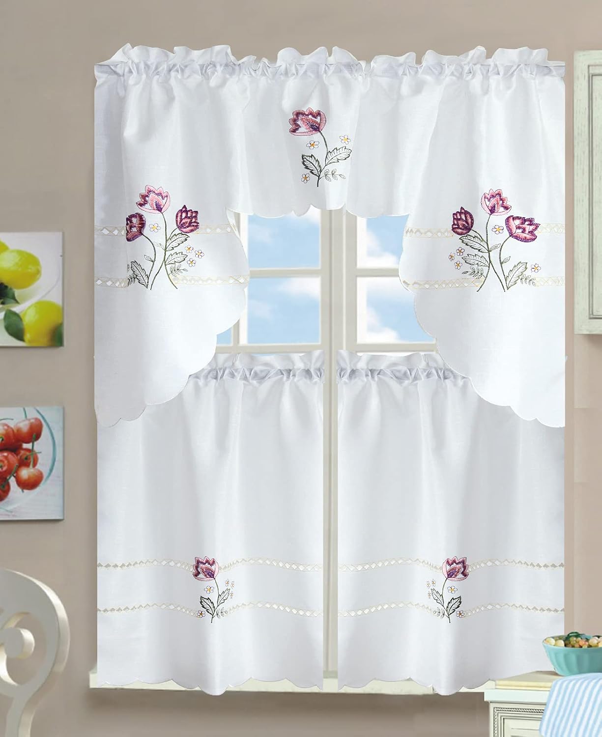 All American Collection Modern Contemporary 3pc Embroidered Home Kitchen Window Treatment Curtain Set (Swag Valance, Avocados)