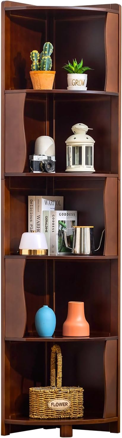 5-Tier Bamboo Corner Shelf Freestanding Fan-Shaped Storage Rack, Space-Saving Corner Cabinet for Living Room or Bedroom, Easy to Assemble, Walnut