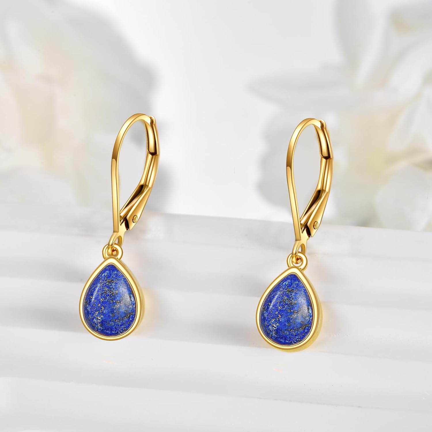 DOVRAN 14K Gold Birthstone Earrings for Women Real Gold Teardrop Leverback Earrings 14K Yellow Gold Jewelry Gifts (14k gold-lapis lazuli)