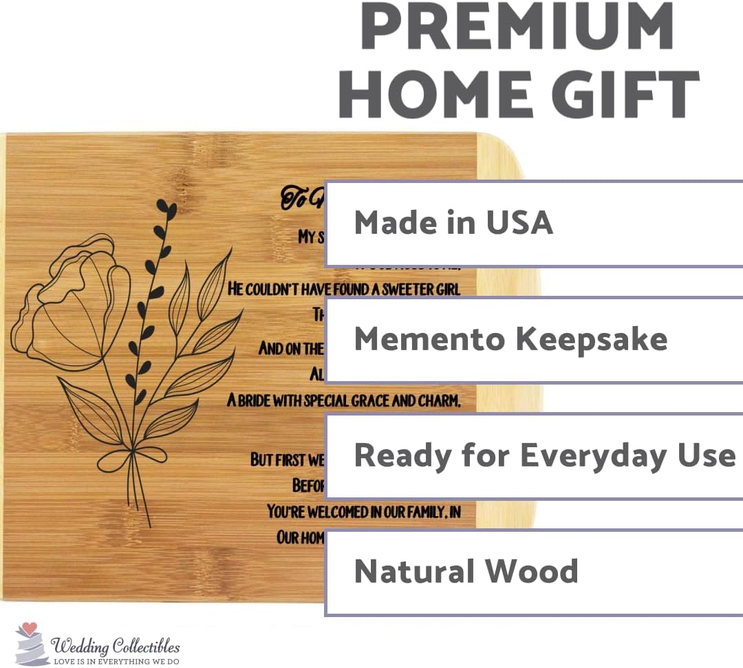 Wedding Collectibles Engraved Cutting Board, 11” x 8.75”, Mother-in-Law to Bride-to-Be Gifts, Natural Sustainable Bamboo Kitchen Decor, Wedding or Bridal Shower Gift for Her, BPA Free