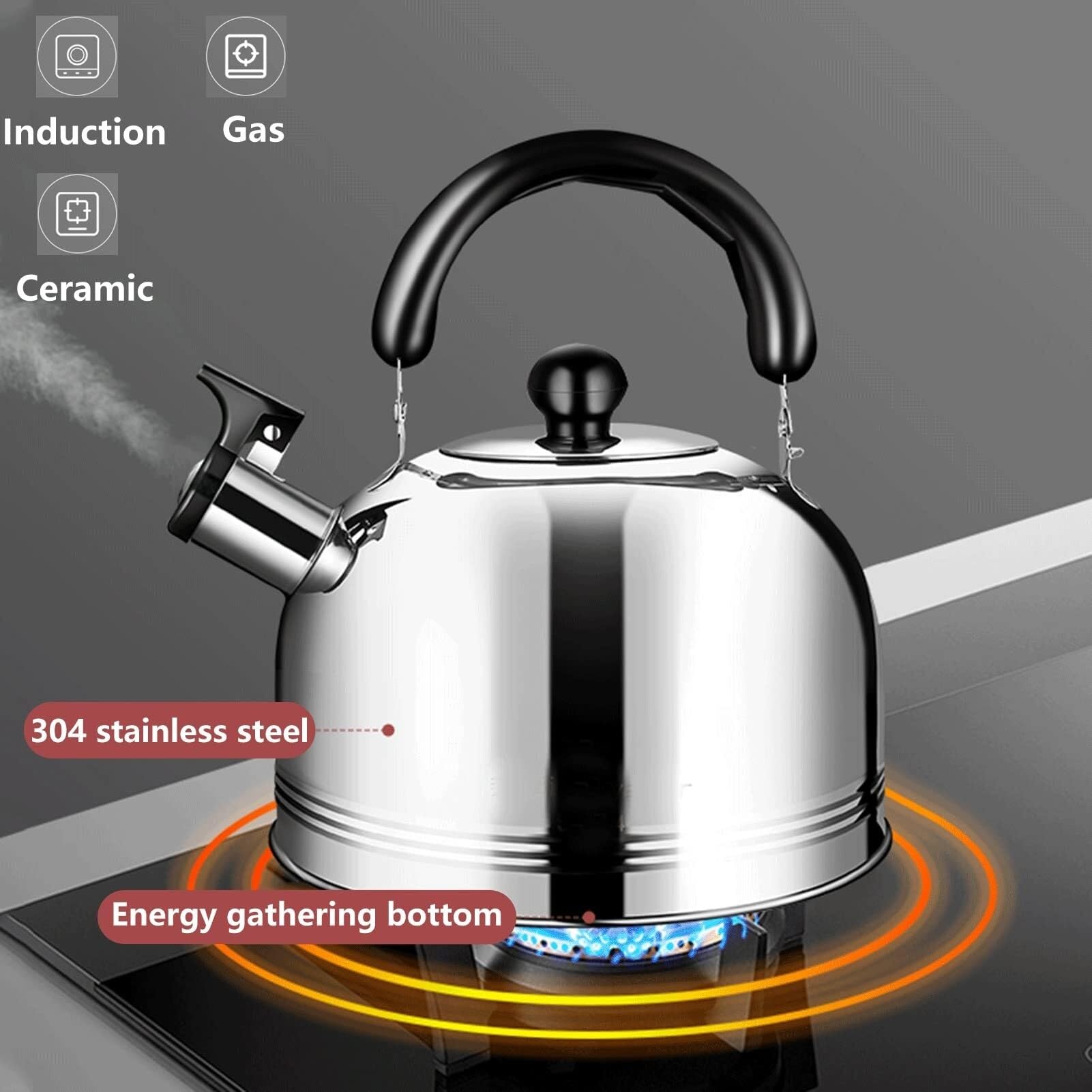 Hervidor Silbante Premium - Acero Inox 304 con Mango Ergonómico, Adaptable a Inducción, Gas, Eléctrico & Cerámica(3L)