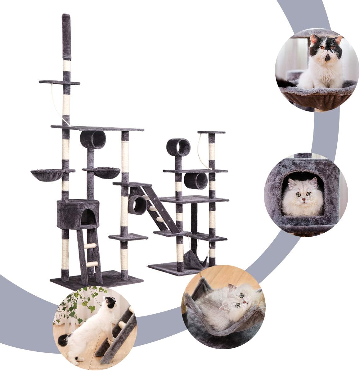 BWM.Co Grey Large Multi-Layer Cat Tree Cat Tower Cat Condo Cat Activity Tree Hammock Scratching Pole-Top Column Adjustable