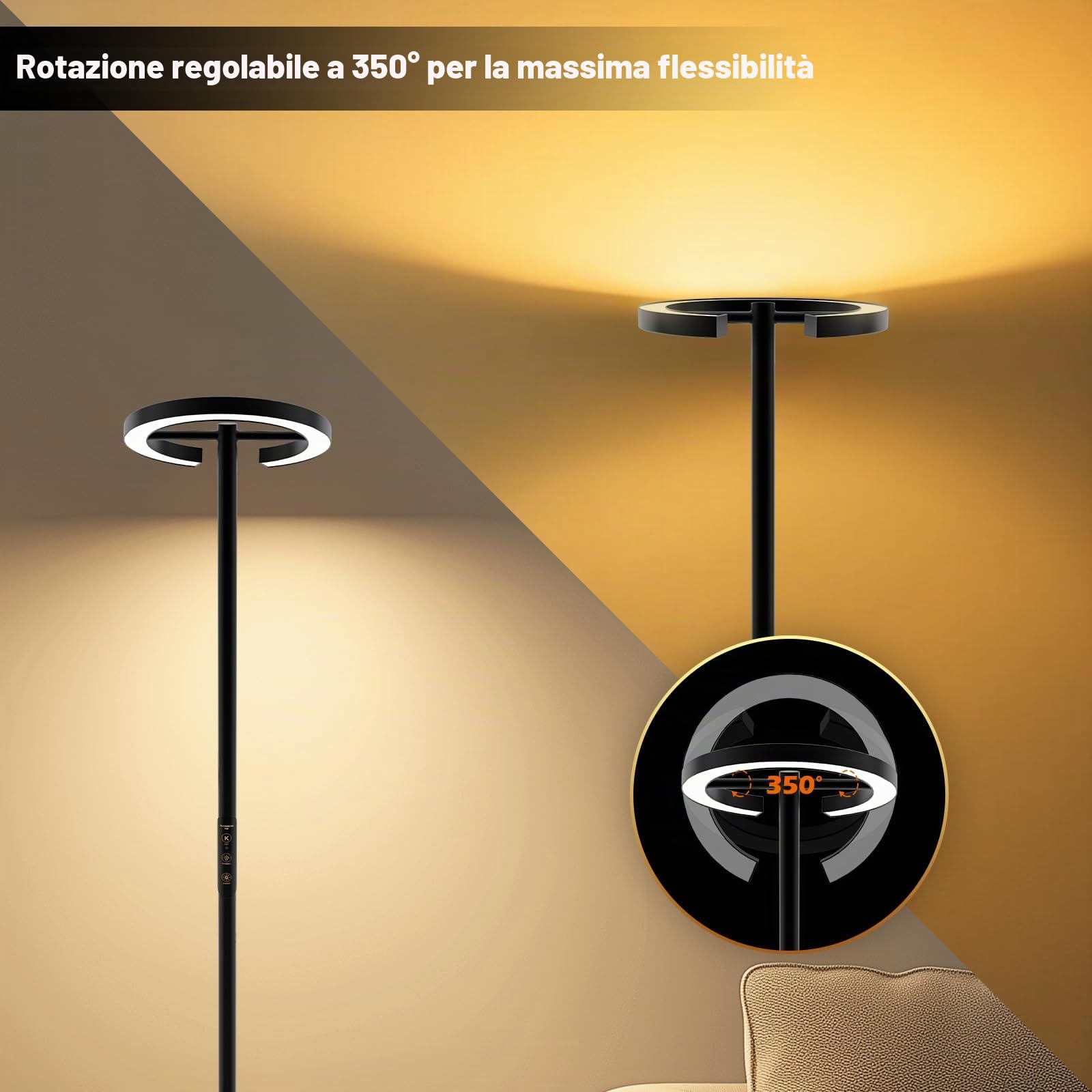 Lampada angolare a LED luminosa da 71 pollici con telecomando (batteria non inclusa), dimmerabile senza interruzioni, lampada da lettura girevole, 2700-6500K, moderna lampada da pavimento luminosa per
