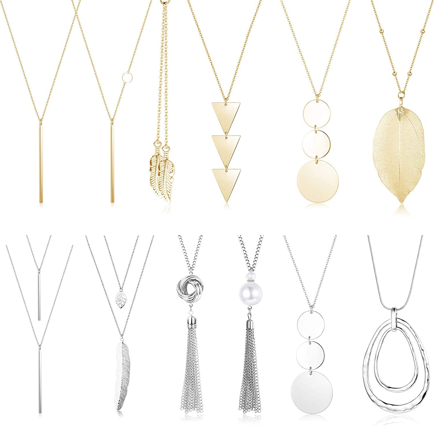 MILACOLATO12 Pcs Long Pendant Necklace for Women Leaf Bar Y-Shaped Tassel Triangle Statement Necklace Long Chain Simple Layer Sweater Necklace Set