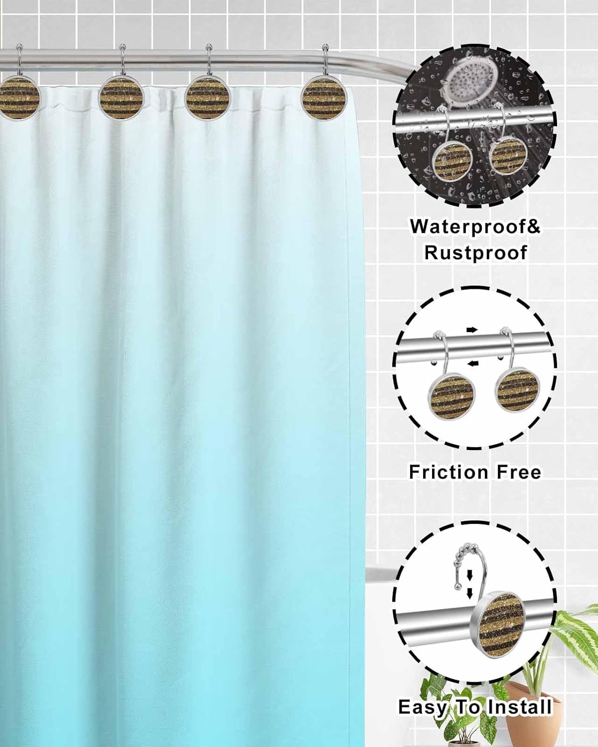 Shower Curtain Hooks 12 Pcs Golden Polka Dot Striped Texture Holiday Decoration Stainless Steel Rust Proof Rolling Shower Curtain Rings, Decorative Shower Curtain Hooks Hangers for Bathroom