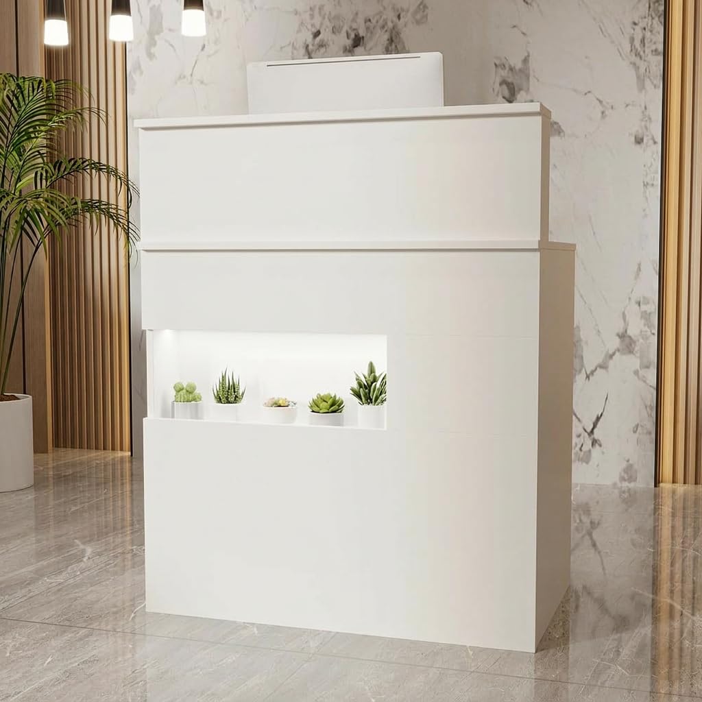 DEZAGCE Reception Desk with LED Lighting Display Shelf, Reception Counter with Keyboard Tray, Front Cashier Table with Storage and Lockable Drawer for Office, Beauty Salon, 80W x 50D x 100H cm,White โ image 1