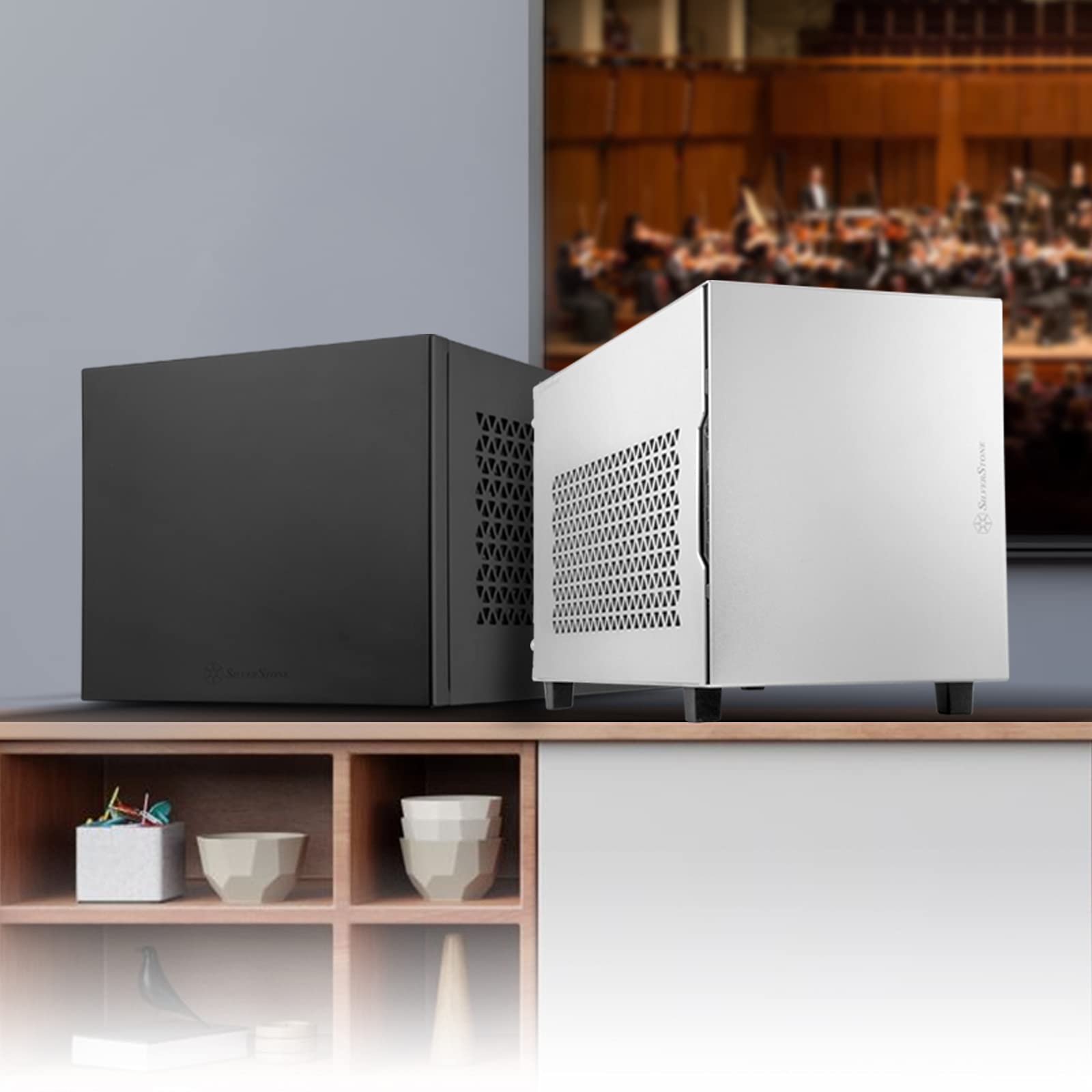 Silverstone SST-SG15S - Sugo Mini-ITX kompaktowa obudowa Cube, modułowa konstrukcja z 4 zdejmowanymi śrubami radełkowanymi (góra, lewa, prawa, dolna), srebrna