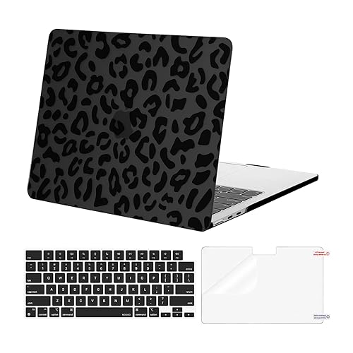 MOSISO Compatible with MacBook Air 13 inch Case 2025 2024 2023 2022 M3 A3113 M2 A2681, Plastic Leopard Grain Hard Case&Keyboard Skin&Screen Film Compatible with MacBook Air 13.6 inch Case, Black - Black