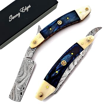 Hand Made Damascus Steel Straight Razor Folding Razor With Shaving Ready Classic Barber Blade Edge, Men Straight Razor, Leather Case + Strop, Close Shave, Great Gift R-217
