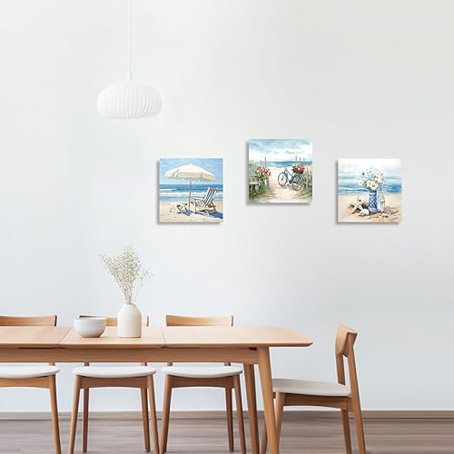 Miniatura 4 de QIXIANG Decoración de pared de baño de playa, 3 piezas, impresiones de margaritas sobre lienzo, imagen temática de paisaje marino azul para