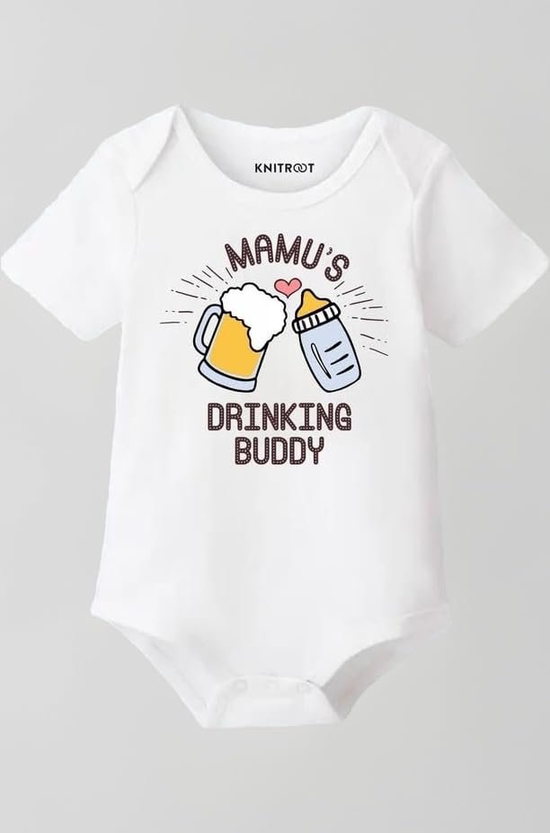 Mamu Family Special Onesies, Unisex Baby Kids Cotton Lycra Envelope Neck Half Sleeve Romper, Bodysuit, Sleepsuit, Mamu's Drinking Buddy, Infant Cloth for Boys & Girls