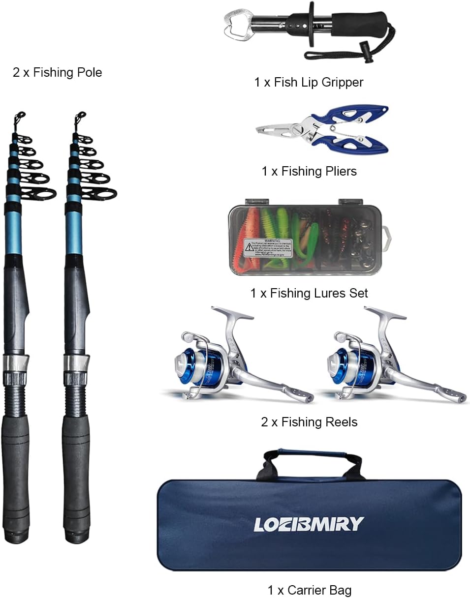 Telescopic Fishing Rod Reel Kit 2PCS 6.89FT Collapsible Pole Spinning Reel Combo with Fishing Lures Fishing Gripper Fishing Pliers Portable Fishing Gear Set for Saltwater Freshwater Travel