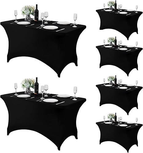 Miniatura 60 de Fokitut Paquete de 6 manteles de elastano para mesa de 6 pies, manteles elásticos universales para fiestas, banquetes, bodas y eventos, color negro