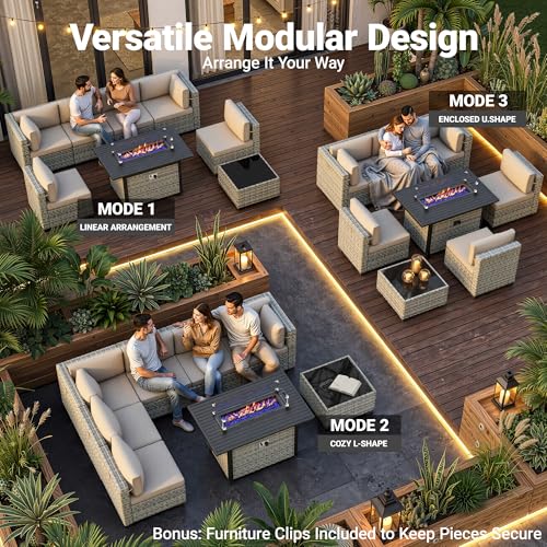 Image of Outdoor PE Wicker Rattan Modular Patio Sectional Sofa Set | 8-Piece: 6 Modular Seats, Coffee Table & 55,000 BTU Fire Pit Table, Khaki