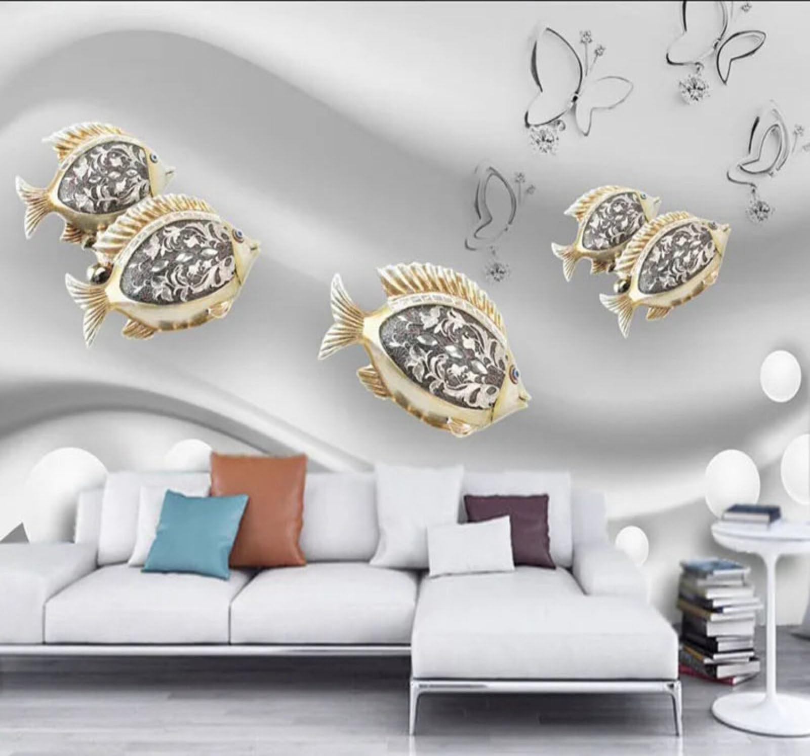 Wallpaper-3D-Xlm 200Cm×140Cm(B×H) Creative Jewellery White Balls Little Fish Butterflies 3D Wallpaper Easy Install Feature Office Living Room Sofa Bedroom Tv Background Wall Decoration-200Cm×140Cm