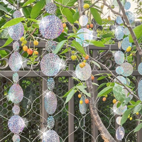 5 Pack Reflective Bird Scare Discs Set, 40 Inch Long Bird Scare Hanging Devices Double-Sided Reflectors Deterrents Keep Birds Away for Garden, Orchards, Patio, Yard (Silver)