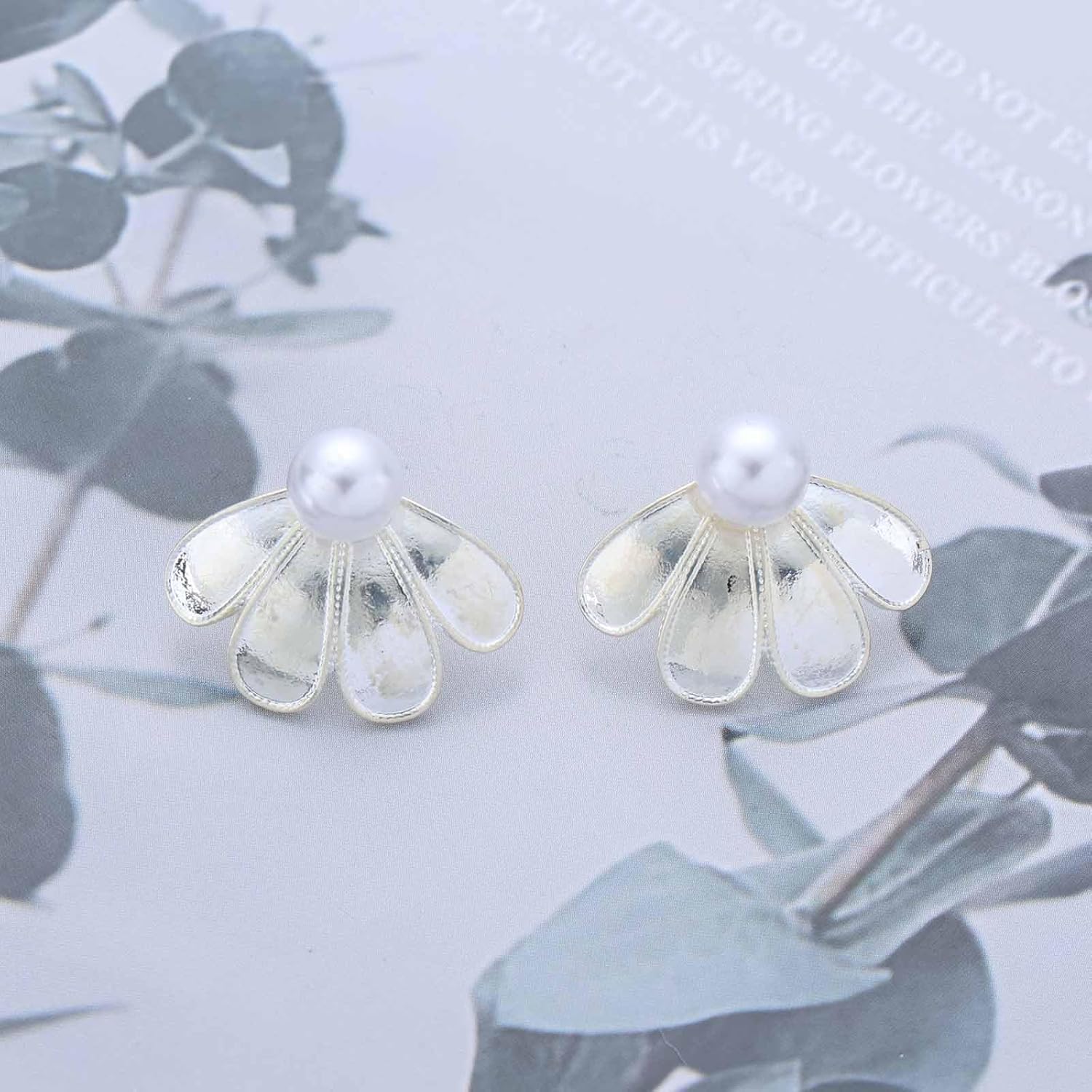 Vintage Lotus Ear Jacket Earrings Boho Pearl Earrings White Lotus Stud Earrings Lotus Ear Climber Earrings Pearl Ear Jacket Earrings for Women - Image 3