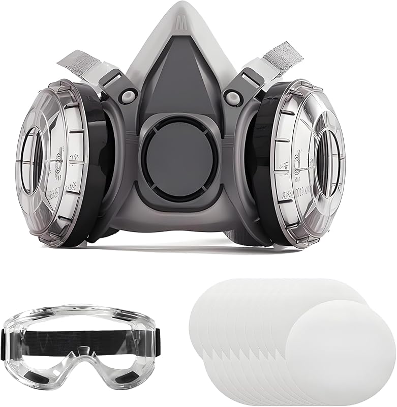 Respirator Mask with Filters and Safety Glasses, 20 Spare Dust Pads, Reusable Half Face Spray Paint Mask for Painting, Sanding, Welding, Construction Work and Dust